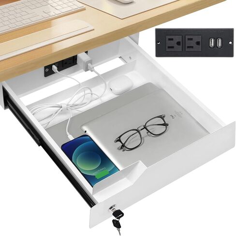 Under Desk Drawer with Lock, 16 inch Under Mount Desk Drawer Slide Out, Metal Sliding Under Desk Mounted Pull Out Lockable Drawer, Biometric Locking Undermount Desk Drawer for Office Desk White in Saudi Arabia