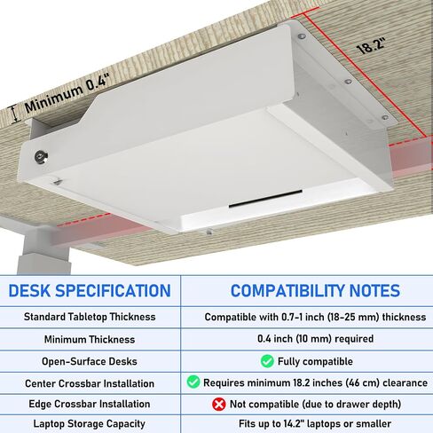Under Desk Drawer with Lock, 16 inch Under Mount Desk Drawer Slide Out, Metal Sliding Under Desk Mounted Pull Out Lockable Drawer, Biometric Locking Undermount Desk Drawer for Office Desk White in Saudi Arabia