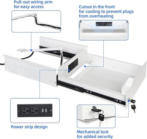 Under Desk Drawer with Lock, 16 inch Under Mount Desk Drawer Slide Out, Metal Sliding Under Desk Mounted Pull Out Lockable Drawer, Biometric Locking Undermount Desk Drawer for Office Desk White in Saudi Arabia