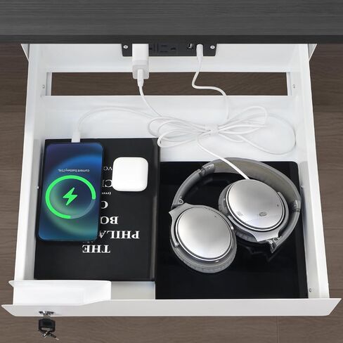 Under Desk Drawer with Lock, 16 inch Under Mount Desk Drawer Slide Out, Metal Sliding Under Desk Mounted Pull Out Lockable Drawer, Biometric Locking Undermount Desk Drawer for Office Desk White in Saudi Arabia