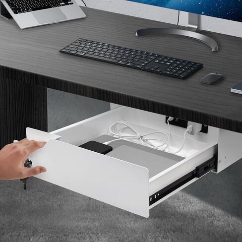 Under Desk Drawer with Lock, 16 inch Under Mount Desk Drawer Slide Out, Metal Sliding Under Desk Mounted Pull Out Lockable Drawer, Biometric Locking Undermount Desk Drawer for Office Desk White in Saudi Arabia