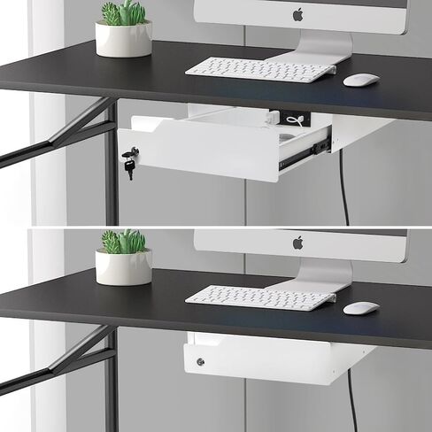 Under Desk Drawer with Lock, 16 inch Under Mount Desk Drawer Slide Out, Metal Sliding Under Desk Mounted Pull Out Lockable Drawer, Biometric Locking Undermount Desk Drawer for Office Desk White in Saudi Arabia