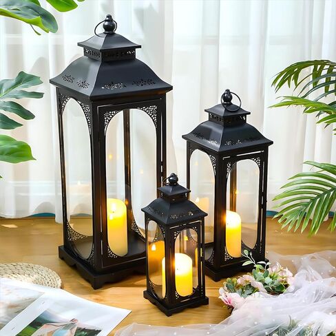 Mifoci Jumbo فوانيس زخرفية معدنية سوداء مع لوحة زجاجية شفافة، فانوس الإعصار، شمعة فانوس للديكور المنزلي والحفلات والمناسبات على سطح الطاولة والشرفة الأمامية والتعليق على الحائط في الأماكن المغلقة والخارجية (قطعتان، 24 بوصة) in Kuwait