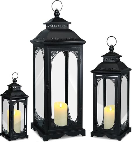 Mifoci Jumbo فوانيس زخرفية معدنية سوداء مع لوحة زجاجية شفافة، فانوس الإعصار، شمعة فانوس للديكور المنزلي والحفلات والمناسبات على سطح الطاولة والشرفة الأمامية والتعليق على الحائط في الأماكن المغلقة والخارجية (قطعتان، 24 بوصة) in Kuwait
