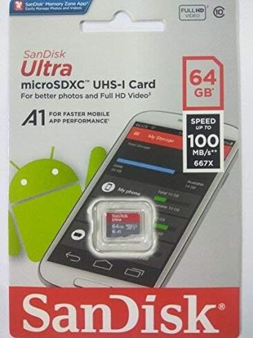 SanDisk 64GB SDXC Micro Ultra Memory Card Works with Samsung Galaxy A10, A20, A70 Cell Phone Class 10 (SDSQUAR-064G-GN6MN) Bundle with (1) Everything But Stromboli MicroSD and SD Card Reader in Saudi Arabia