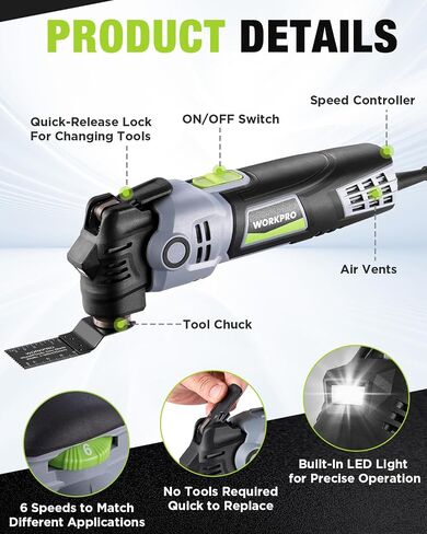 WORKPRO Oscillating Multi-Tool Kit, 3.0 Amp Corded Quick-Lock Replaceable Oscillating Saw with 7 Variable Speed, 3° Oscillation Angle, 17pcs Saw Accessories, and Carrying Bag in Kuwait