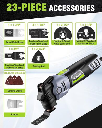 WORKPRO Oscillating Multi-Tool Kit, 3.0 Amp Corded Quick-Lock Replaceable Oscillating Saw with 7 Variable Speed, 3° Oscillation Angle, 17pcs Saw Accessories, and Carrying Bag in Kuwait