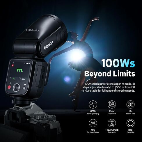 Godox V100 F V100-F Flash for Fuji, 2.4G 100W TTL Fujifilm Speedlite HSS 1/8000S, Touchscreen Control, with S2 Speedlite Bracket S-Type Bracket Compatible for Fuji Camera(USA Version) in Saudi Arabia
