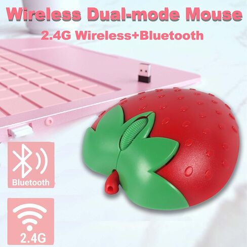 Wireless Bluetooth Mouse Cute Fruit Strawberry Shape Cartoon Portable Lightweight USB Silent 2.4GHz & Bluetooth Dual Mode 1000DPI Optical Cordless Mice for PC Laptop Tablets Mac Girls Kids Gifts (Red) in Saudi Arabia