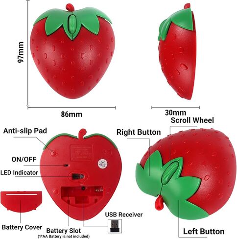 Wireless Bluetooth Mouse Cute Fruit Strawberry Shape Cartoon Portable Lightweight USB Silent 2.4GHz & Bluetooth Dual Mode 1000DPI Optical Cordless Mice for PC Laptop Tablets Mac Girls Kids Gifts (Red) in Saudi Arabia