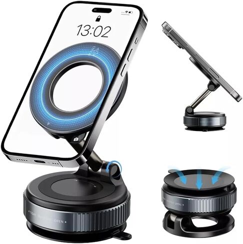 Vacuum Magnetic Car Phone Holder, Adjustable 360° Ultra Strong Vacuum Suction Cup, Foldable and Retractable Hands-Free for Car/Gym/Mirror/Smooth Surface, Compatible with iPhone Android (Black) in Saudi Arabia