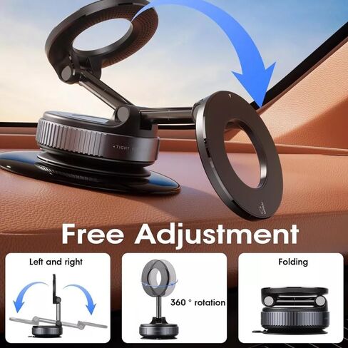Vacuum Magnetic Car Phone Holder, Adjustable 360° Ultra Strong Vacuum Suction Cup, Foldable and Retractable Hands-Free for Car/Gym/Mirror/Smooth Surface, Compatible with iPhone Android (Black) in Saudi Arabia