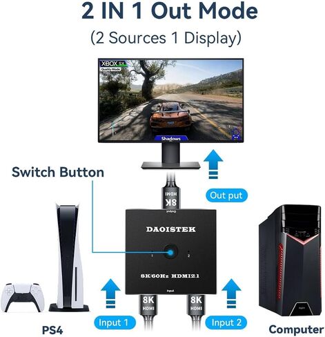 HDMI Switch 4K 120Hz 2 in 1 Out 2 Port Switch 1 شاشات 2 أجهزة الكمبيوتر 2K 144Hz مفاتيح مفاتيح مراقبة HDMI2.1 8K 60Hz Daoistek in Kuwait