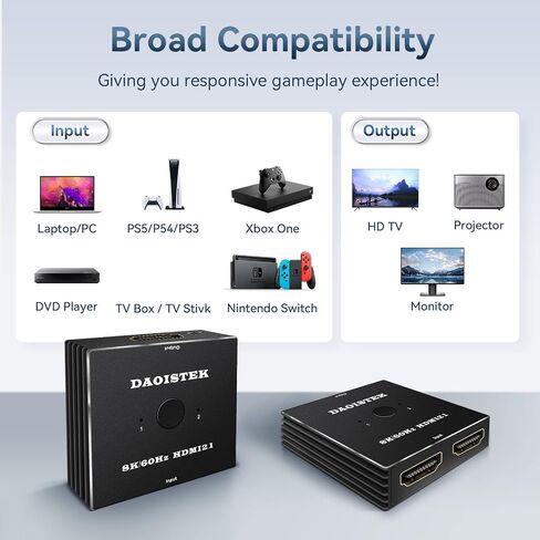 HDMI Switch 4K 120Hz 2 in 1 Out 2 Port Switch 1 شاشات 2 أجهزة الكمبيوتر 2K 144Hz مفاتيح مفاتيح مراقبة HDMI2.1 8K 60Hz Daoistek in Kuwait
