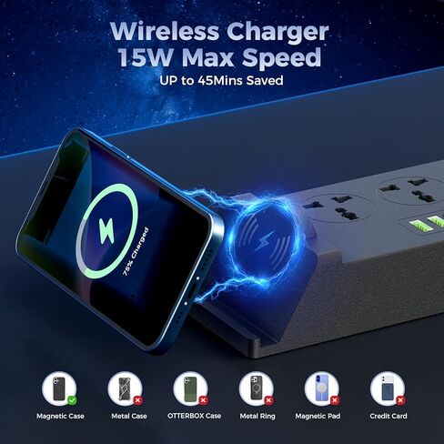 قطاع طاقة الحامي للارتداد مع شحن مستهل-6.56 قدمًا سلك سلك سلك محمول مع 4 منفذ 4 Smart USB A Port 2 USB C وحامل الهاتف للتنقل في المنزل in Saudi Arabia