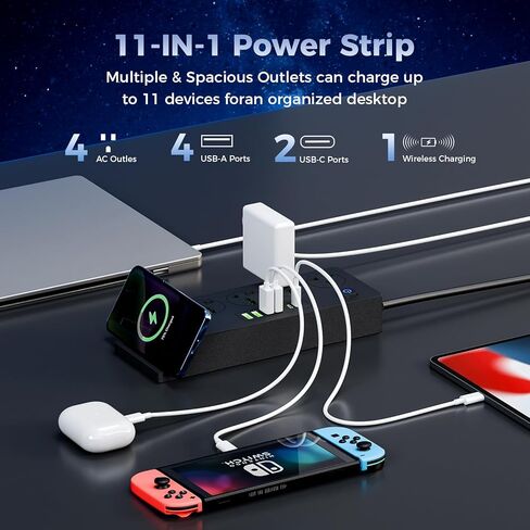 قطاع طاقة الحامي للارتداد مع شحن مستهل-6.56 قدمًا سلك سلك سلك محمول مع 4 منفذ 4 Smart USB A Port 2 USB C وحامل الهاتف للتنقل في المنزل in Saudi Arabia