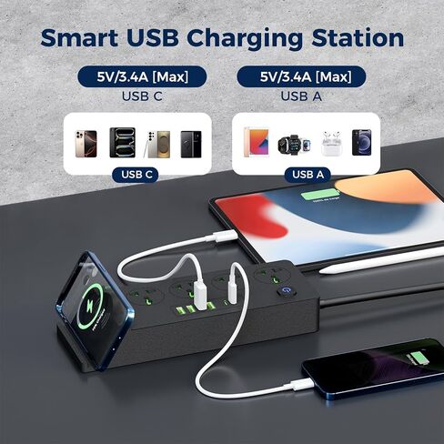 قطاع طاقة الحامي للارتداد مع شحن مستهل-6.56 قدمًا سلك سلك سلك محمول مع 4 منفذ 4 Smart USB A Port 2 USB C وحامل الهاتف للتنقل في المنزل in Saudi Arabia