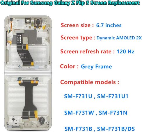 6.7" Original AMOLED for Samsung Galaxy Z Flip 5 Screen Replacement Z Flip5 5G SM-F731U SM-F731U1 Inner Foldable Display Touch Screen Digitizer Assembly. (with Black Frame+Back Cover Adhesive+Tools) in Kuwait