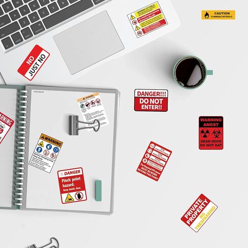 ملصقات تحذير 75 PCS ، ملصقات علامة تحذير هفوة مقاومة للماء ، ملصق تحذير فينيل ، شارات حلقة دانج لافتات الخطر الدائمة للكمبيوتر المحمول ، زجاجة ماء ، سكرابوكينغ in Kuwait