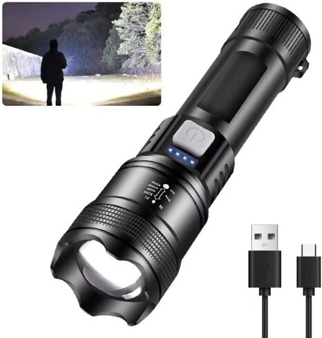 USB-C Rechargeable Tactical Flashlight – Ultra-Bright LED, Adjustable Zoom, Compact & Lightweight, Waterproof Torch for Camping, Car, Hiking, Emergency Survival Kits in Saudi Arabia