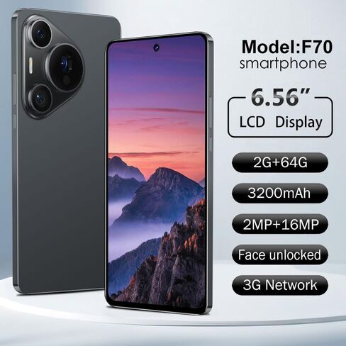 Unlocked Cell Phones 2GB RAM+64GB ROM, 6.56inch HD Screen Mobile Phones, 3200mAh, Android 8.1 Smartphone 3G Network, 2MP +16MP Cameras, Face unlocked, 64G Android phone with cases (blue, F70) in Kuwait