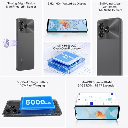 UMIDIGI Unlocked Cell Phone, G5A MTK Helio A22 4+4GB +64GB Android 13 Smartphone Unlocked with 6.52" Full Screen, 13MP+2MP+5MP AI Triple Camera, 5000mAh Battery Fast Charging Mobile Phones,Purple in Kuwait