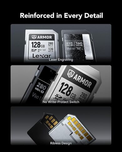 بطاقة Lexar Armor Silver Pro 128GB UHS-II SDXC ، الفولاذ المقاوم للصدأ ، C10 U3 V60 in Saudi Arabia