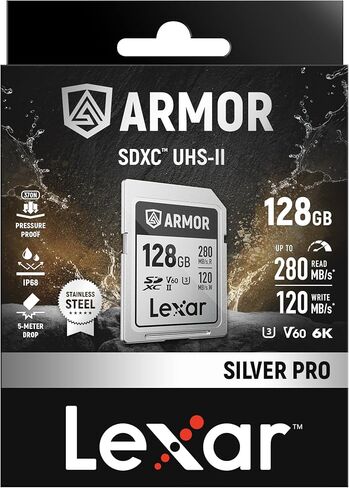 بطاقة Lexar Armor Silver Pro 128GB UHS-II SDXC ، الفولاذ المقاوم للصدأ ، C10 U3 V60 in Kuwait