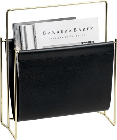 MyGift 15 inch Modern Caramel Leatherette Magazine Holder, Floor Standing Literature Sling Style Rack with Brass Tone Metal Frame in Saudi Arabia