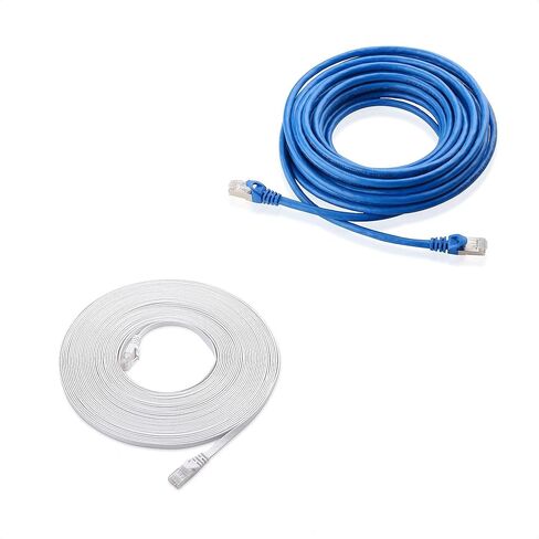 كابل مسائل CAT6A Longless Longless 35 قدمًا (SSTP ، SFTP) محمي كابل إيثرنت باللون الأزرق و 50 قدمًا كابل إيثرنت مسطح باللون الأبيض in Kuwait