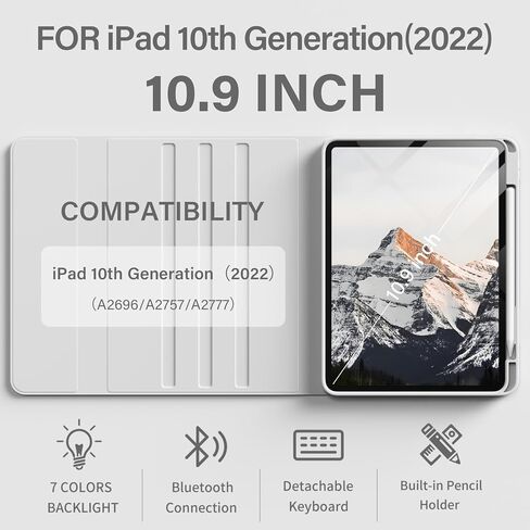 aoub for iPad 10th Generation Case with Keyboard 10.9 inch 2022, Detachable Bluetooth Keyboard, Smart Stand Folio Keyboard Cover with Pencil Holder for iPad 10th Gen, Black in Kuwait