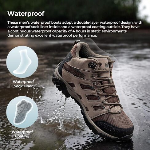 Men’s Waterproof Hiking Boots - Lightweight Slip-Resistant Mid Ankle Support for Outdoor Trekking and Camping in Kuwait