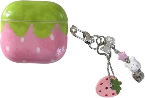 Fashion Green Strawberry Pattern Protective Cover with Pendant Case for AirPods 4 in Saudi Arabia