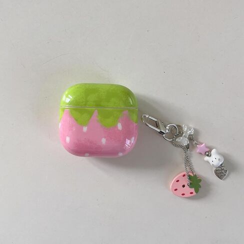 Fashion Green Strawberry Pattern Protective Cover with Pendant Case for AirPods 4 in Saudi Arabia