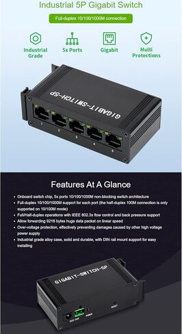 Waveshare الصناعي من الدرجة 5 منافذ Gigabit Ethernet Switch ، IEEE 802.3x متوافق مع DUPLEX in Saudi Arabia