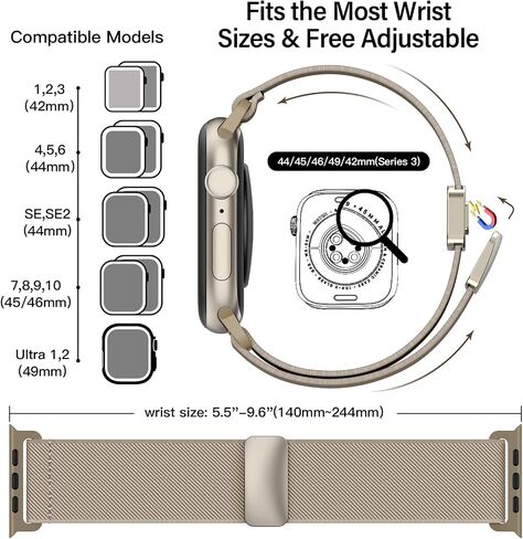 شريط نايلون مسدود متوافق مع نطاقات Apple Watch 40mm 38mm 41mm 42mm 44mm 45mm 46mm 49mm النساء الرجال ، حزام حلقة رياضية ناعمة مقاومة للماء مغناطيسية لـ iWatch Series 10 9-1 Se Ultra 2 in Kuwait