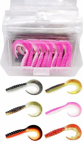 Soft Fishing Lures Curly Tail Grub Kit | High-Vibration Soft Baits for Bass/Crappie/Walleye/Sunfish, 6 Colors Grub Lures for Jigs,Set of 2.2in-90Pack /2.95in-60Pack Optional in Kuwait