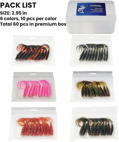 Soft Fishing Lures Curly Tail Grub Kit | High-Vibration Soft Baits for Bass/Crappie/Walleye/Sunfish, 6 Colors Grub Lures for Jigs,Set of 2.2in-90Pack /2.95in-60Pack Optional in Kuwait