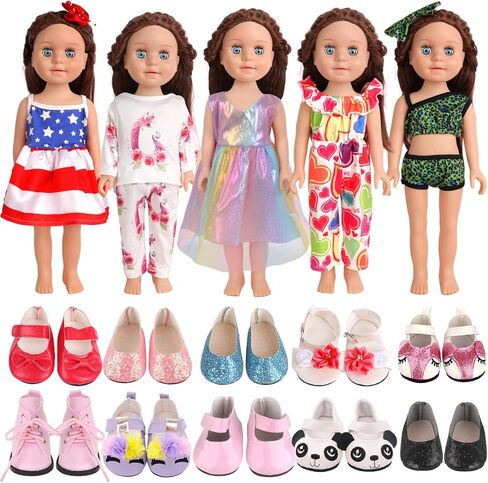AugFrog 5 مجموعات من ملابس الدمى وملابس وزوجين من الأحذية (يتم إرسالها عشوائيًا) ملابس وأحذية دمى أنيقة لدمية فتاة مقاس 18 بوصة (بدون دمية) - الطراز 2 in Kuwait