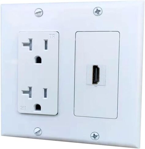 BUPLDET 20Amp Power Outlet with 1 Port HDMI Wall Plate - 2 Gang Electrical Wall Outlet with HDMI Keystone Jack Cover Plate for TV Mount - White in Kuwait