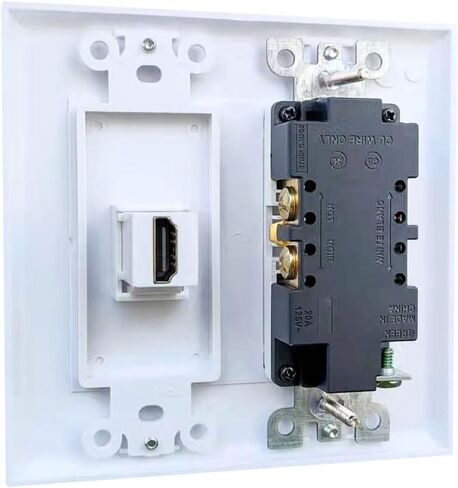 BUPLDET 20Amp Power Outlet with 1 Port HDMI Wall Plate - 2 Gang Electrical Wall Outlet with HDMI Keystone Jack Cover Plate for TV Mount - White in Kuwait