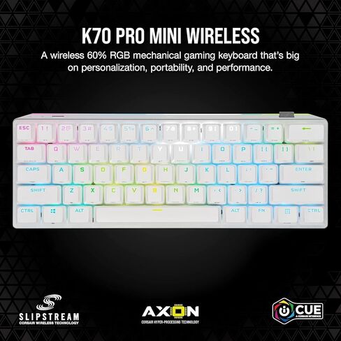 Corsair K70 PRO Mini Wireless RGB 60% Mechanical Gaming Keyboard - Fastest Sub-1ms Wireless, Swappable Cherry MX Blue Keyswitches-NA Layout, QWERTY - White (Renewed) in Saudi Arabia