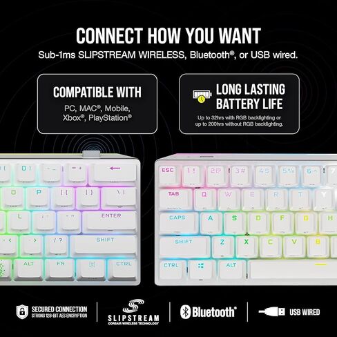 Corsair K70 PRO Mini Wireless RGB 60% Mechanical Gaming Keyboard - Fastest Sub-1ms Wireless, Swappable Cherry MX Blue Keyswitches-NA Layout, QWERTY - White (Renewed) in Saudi Arabia