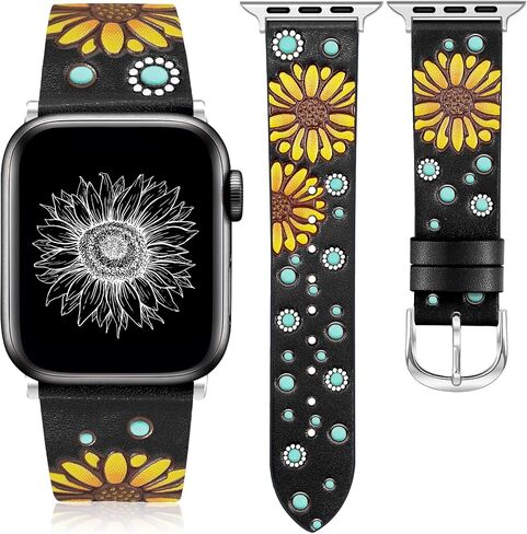 JR.DM Leather Band Compatible with Apple Watch Band 41/40/38/44/45/46/49/42mm Women, Boho Western Embossed Sunflower Floral Designer Leather Strap for iWatch Series 10 9 8 7 6 5 4 3 2 1 SE Ultra/2 in Saudi Arabia