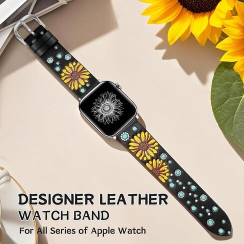 JR.DM Leather Band Compatible with Apple Watch Band 41/40/38/44/45/46/49/42mm Women, Boho Western Embossed Sunflower Floral Designer Leather Strap for iWatch Series 10 9 8 7 6 5 4 3 2 1 SE Ultra/2 in Saudi Arabia