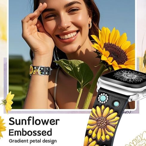 JR.DM Leather Band Compatible with Apple Watch Band 41/40/38/44/45/46/49/42mm Women, Boho Western Embossed Sunflower Floral Designer Leather Strap for iWatch Series 10 9 8 7 6 5 4 3 2 1 SE Ultra/2 in Saudi Arabia