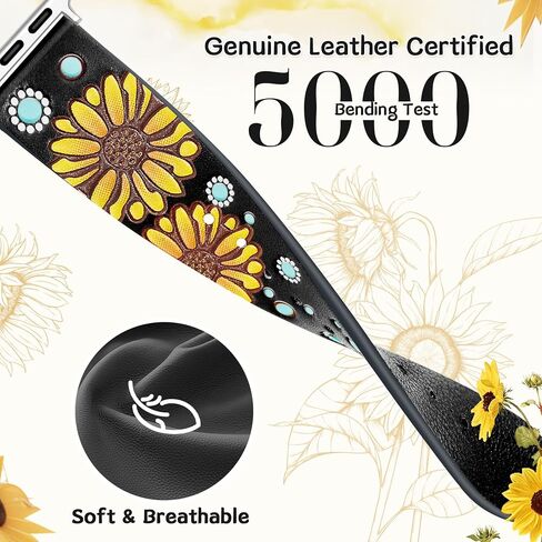 JR.DM Leather Band Compatible with Apple Watch Band 41/40/38/44/45/46/49/42mm Women, Boho Western Embossed Sunflower Floral Designer Leather Strap for iWatch Series 10 9 8 7 6 5 4 3 2 1 SE Ultra/2 in Saudi Arabia