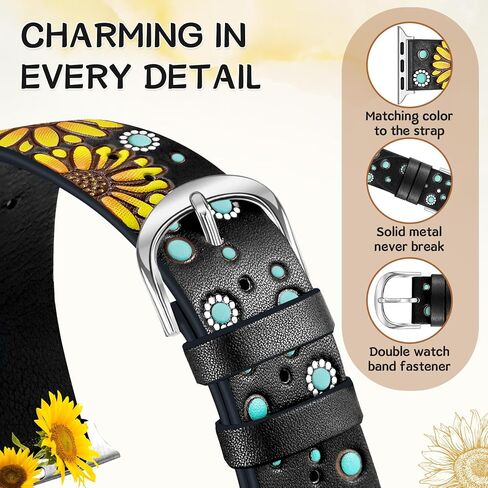 JR.DM Leather Band Compatible with Apple Watch Band 41/40/38/44/45/46/49/42mm Women, Boho Western Embossed Sunflower Floral Designer Leather Strap for iWatch Series 10 9 8 7 6 5 4 3 2 1 SE Ultra/2 in Saudi Arabia