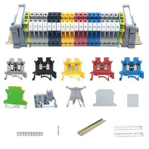 DIN Rail Terminal Block Kit 20 UK2.5B 12 AWG Gauge Terminal Blocks 20A 600V Ground Blocks Fixed Bridge Jumpers End Covers End Brackets