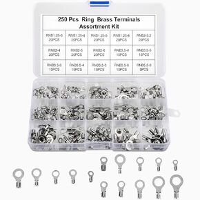 250pcs Non-Insulated Ring Terminals, Copper Ring Connectors Terminals, AWG22-16 16-14 14-12 12-10 Crimp Ring End Terminal, Electric Wire Connectors, Tin-Plated Wire Lugs Battery